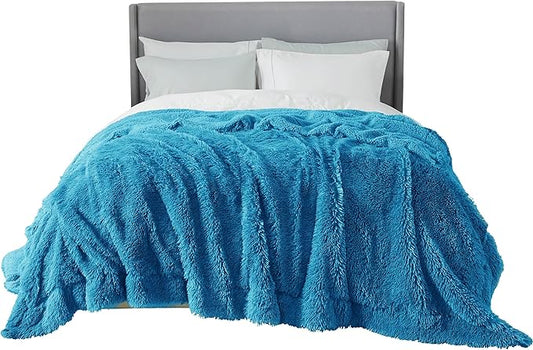 Bedsure GentleSoft Fluffy Bright Blue Blankets Queen Size for Bed, Thick Sherpa Faux Fur Fleece Fuzzy Plush Winter Warm Soft Queen Blankets, Bedroom Decor Blue Cozy Gifts for Women Men, 90x90