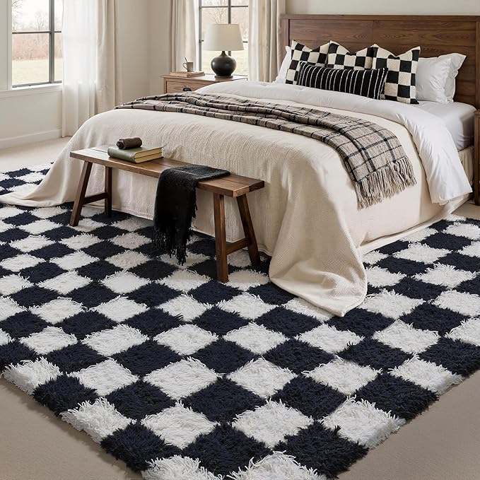 Checkered Rug 6x9 for Living Room, Black and White Modern Shag Rug Washable Non-Slip Large Area Rug Super Soft Indoor Fuzzy Carpet Fluffy Rugs for Bedroom Home Aesthetic Decor