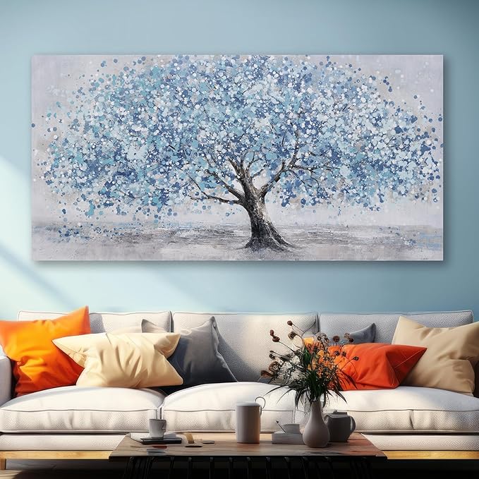 Tree of Life Wall Art Blue Tree Picture Wall Decor Artwork Framed Abstract Canvas Painting Nature Decor for Living Room Bedroom Bathroom Office Home Decor 58"x29"Can Be Hung Directly