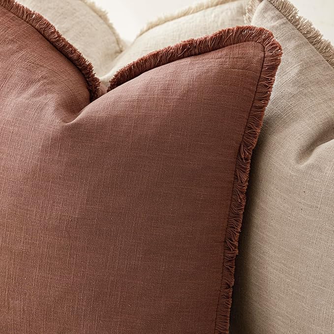 Foindtower Set of 2 Decorative Linen Fringe Throw Pillow Covers Boho Farmhouse Cushion Cover with Tassels Soft Accent Pillowcase for Couch Chair Sofa Bed Living Room Home Decor,24×24 Inch,Rust Red