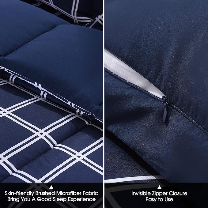 Basic Beyond King Comforter Sets 3 Piece Double-Line Plaid Lightweight Microfiber Down Alternative Comforter for All Season (1 Grid Comforter with 2 Pillowcases, Navy/White)