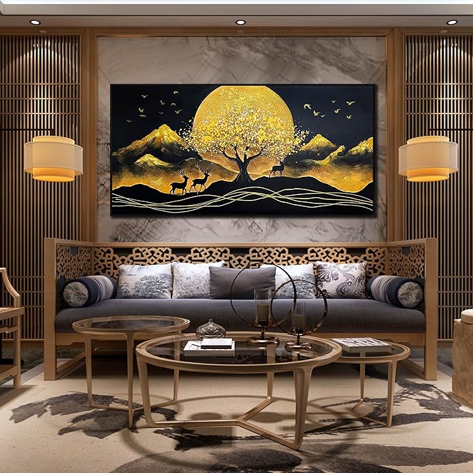 CIRABKY Moon Hand Painted Wall Art for Bedroom - Tree Black and Gold Canvas Wall Decor for Living Room Large Size - Black Frames Artwork Size 29" x 59"