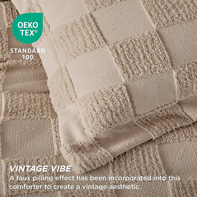 Bedsure California King Size Comforter Set Khaki, Boho Tufted Bed Set, Checkered Farmhouse Shabby Chic Bedding, 3 Pieces, 1 Plaid Geometric Comforter and 2 Pillow Shams