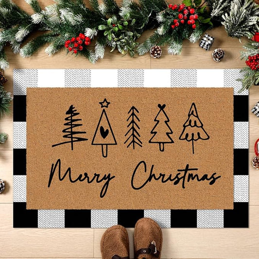 2 Pcs Merry Christmas Door Mat Xmas Tree Welcome Non Slip Coir Mats Heart Xmas Black White Buffalo Plaid Floor Layering Doormats Seasonal for Front Porch Entryway Decor(Christmas)