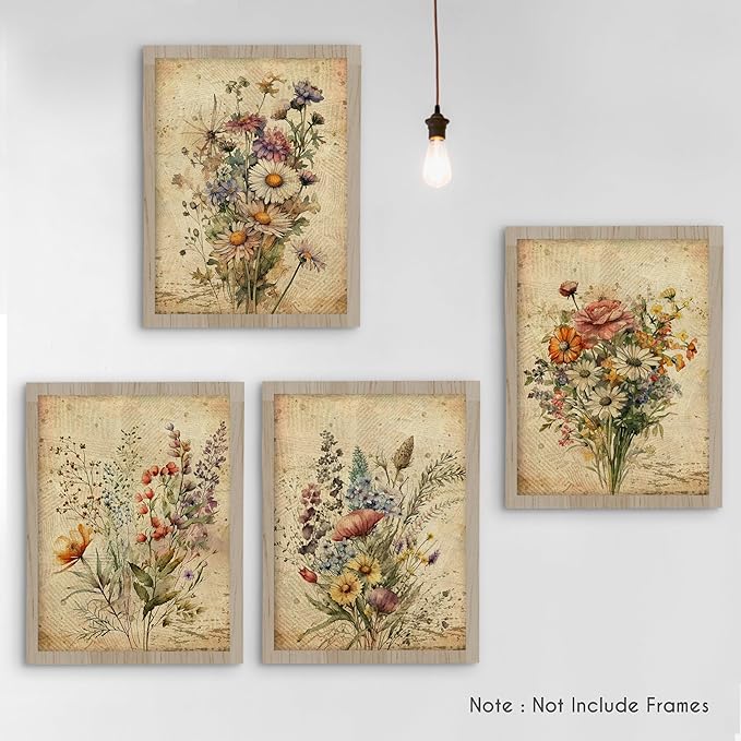 HRQKO Vintage Floral Wall Art Poster Prints Set of 4, Retro Wildflower Artwork Printing Posters, Botanical Flowers Prints for Living Room Bedroom 12"x16" Unframed