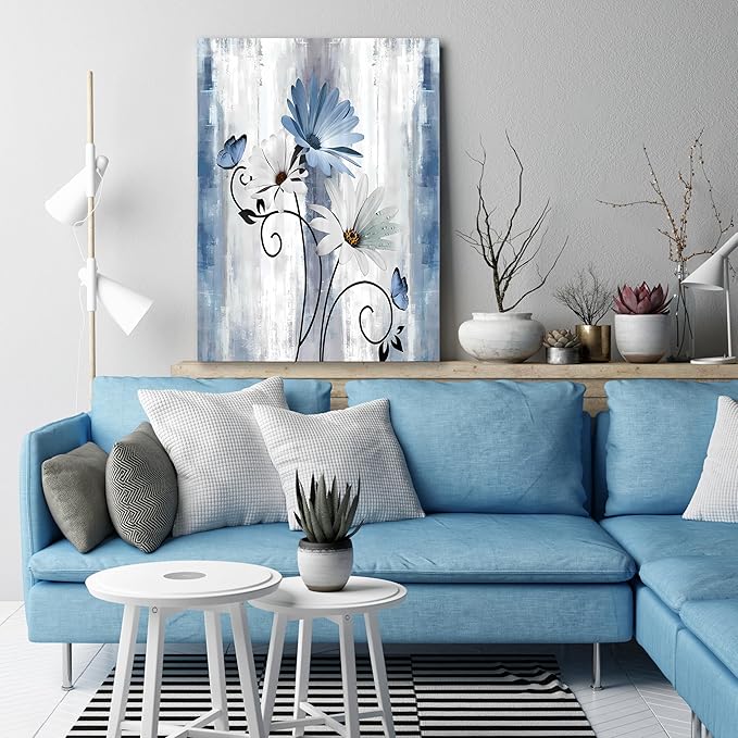 Blue Flowers Canvas Wall Art Bathroom Wall Decor, Blue and White Daisy Flower and Butterfly Canvas Wall Art Framed Artwork Ready to Hang for Living Room Bedroom Decor, 12x16in