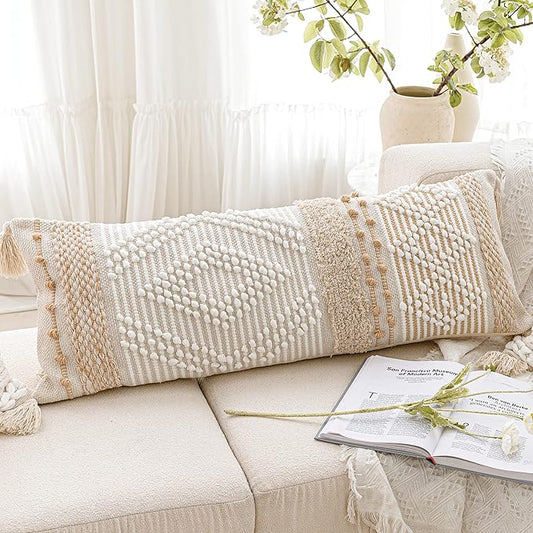Cream Decorative Lumbar Throw Pillow Cover 14x36 Boho Long Cushion for Bed Neutral Beige White Accent Modern Farmhouse Pillowcase for Bedroom Living Room Couch Sofa Home Décor Cover ONLY
