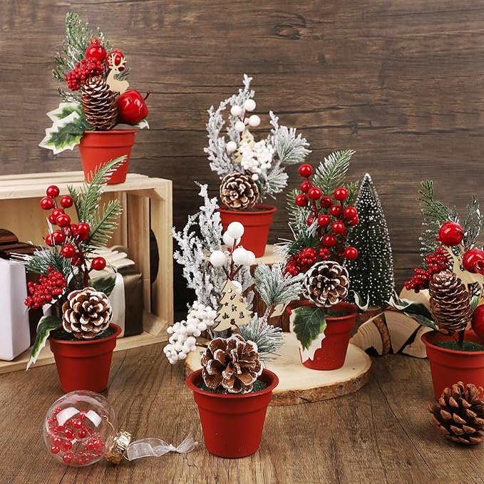winemana Mini Christmas Tree Table Decorations, 6 Pcs Small Artificial Tree with Pine Cones & Red Berry, Holiday Tabletop Centerpiece for Home Kitchen Room Mantel Winter Party Decor