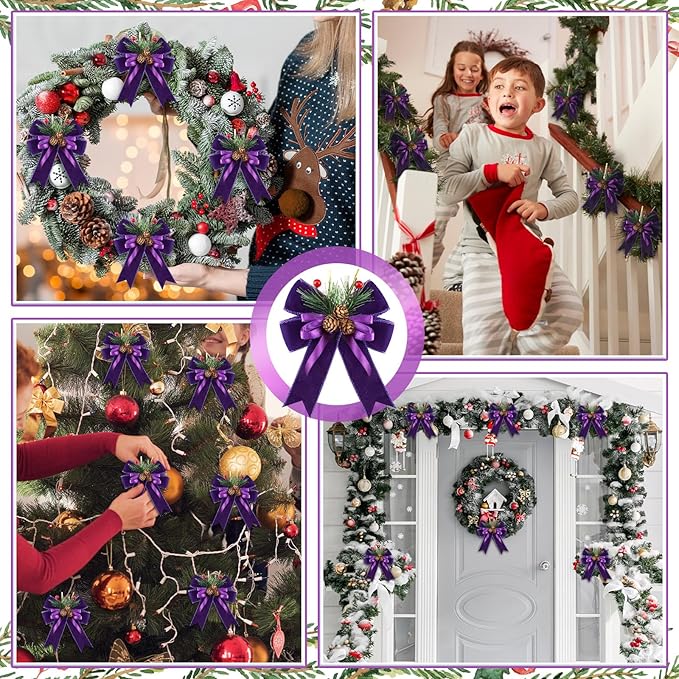 Syhood 6 Pcs Christmas Bows with Pine Cones Pine Needles Xmas Velvet Bows Purple Velvet Ribbon Christmas Tree Wreath Decoration for Xmas Parties Indoor Outdoor Crafts DIY Decor