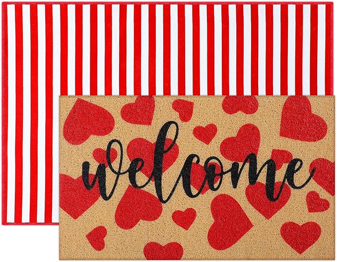 2 Pcs Valentines Welcome Door Mat Heart Outdoor Welcome Mats for Front Door Non Slip Heart Coir Floor Mat Red White Stripe Valentines Rug for Outside Front Porch Entryway Decor