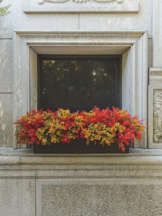 12Pcs Artificial Fall Flowers for Outdoor Decoration UV Resistant Fake Plastic Plants Faux Cedar Seaweed Eucalyptus for Autumn Full Indoor Garden Patio Fireplace Window Box Kitchen Home Decor