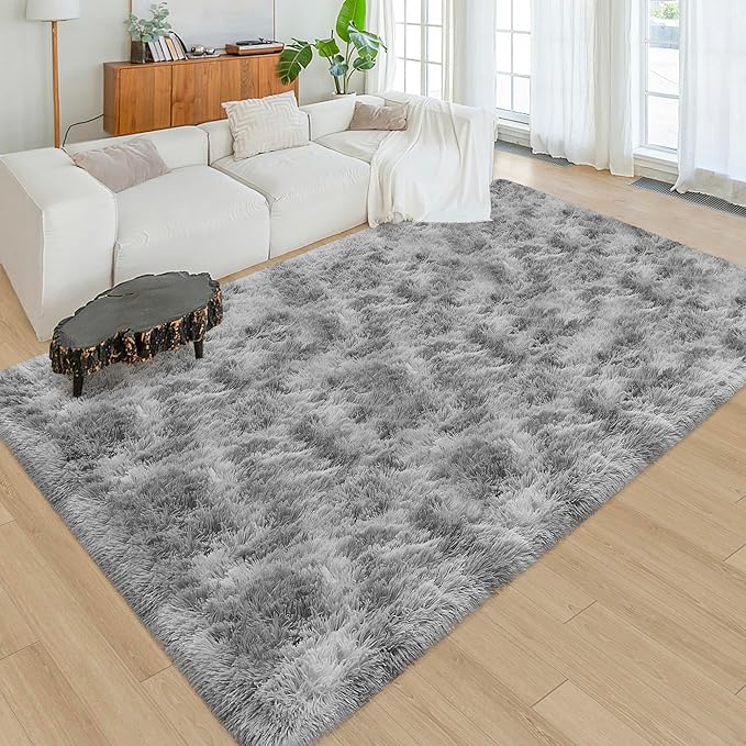 Tie Dye Grey Rug for Living Room 5x8ft Fluffy Modern Shag Area Rug Mat Bedside Throw Rug for Bedroom Kids Room Boys Teens Nursery Baby Dorm Office Home Decor Soft and Cozy Carpets