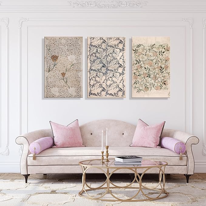 UCRAASDEB Framed Vintage Botanical Canvas Wall Art Set of 3 Neutral Antique Floral Pictures Poster Farmhouse Boho Flowers Painting Prints for Living Room Bedroom 24'' x 16''