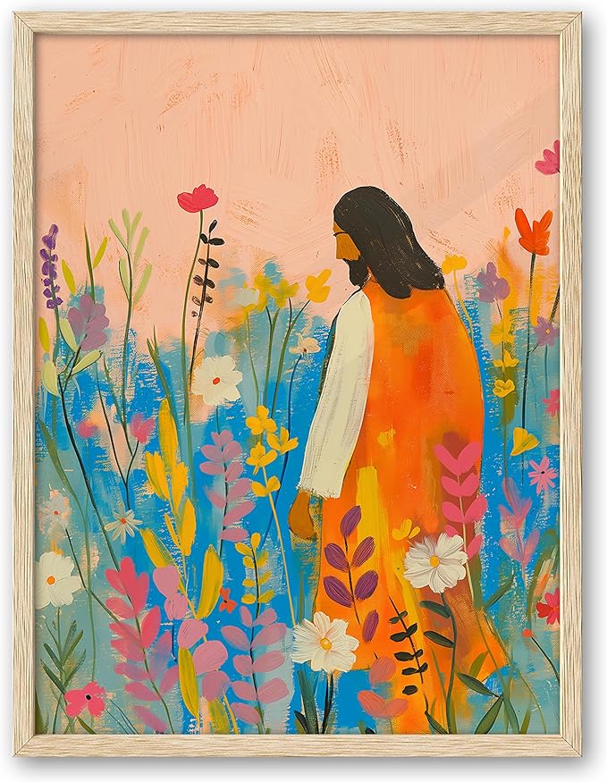 EcoHest Large 16x20in OAK Wood Framed Wall Art, Jesus Portrait with Bible Verse Theme, Christian Canvas, The Wildflowers Style, Modern Wall Decor for Bedroom Living Bathroom Religious Gift 1 Pack