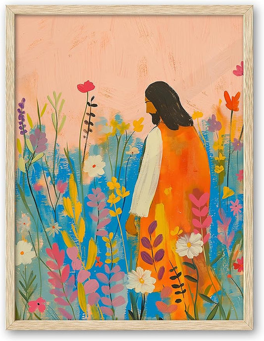 EcoHest Large 16x20in OAK Wood Framed Wall Art, Jesus Portrait with Bible Verse Theme, Christian Canvas, The Wildflowers Style, Modern Wall Decor for Bedroom Living Bathroom Religious Gift 1 Pack