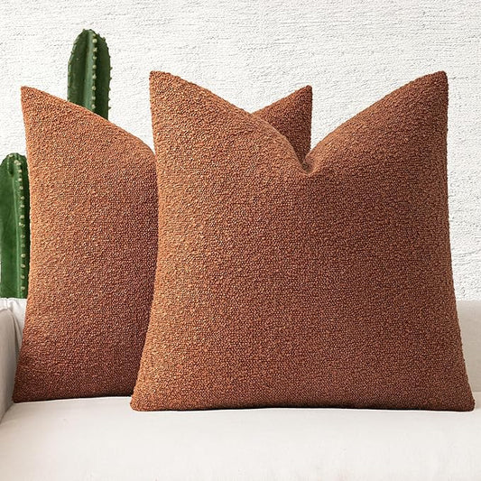 MIULEE Fall 20x20 Inch Decorative Pillow Covers for Couch Bed Set of 2 Textured Boucle Neutral Throw Pillows Rust Accent Solid Cushion Pillowcase Cozy Soft Sofa Livingroom Home Decor