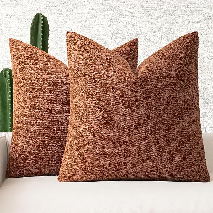 MIULEE Fall 18x18 Inch Decorative Pillow Covers for Couch Bed Set of 2 Textured Boucle Neutral Throw Pillows Rust Accent Solid Cushion Pillowcase Cozy Soft Sofa Livingroom Home Decor