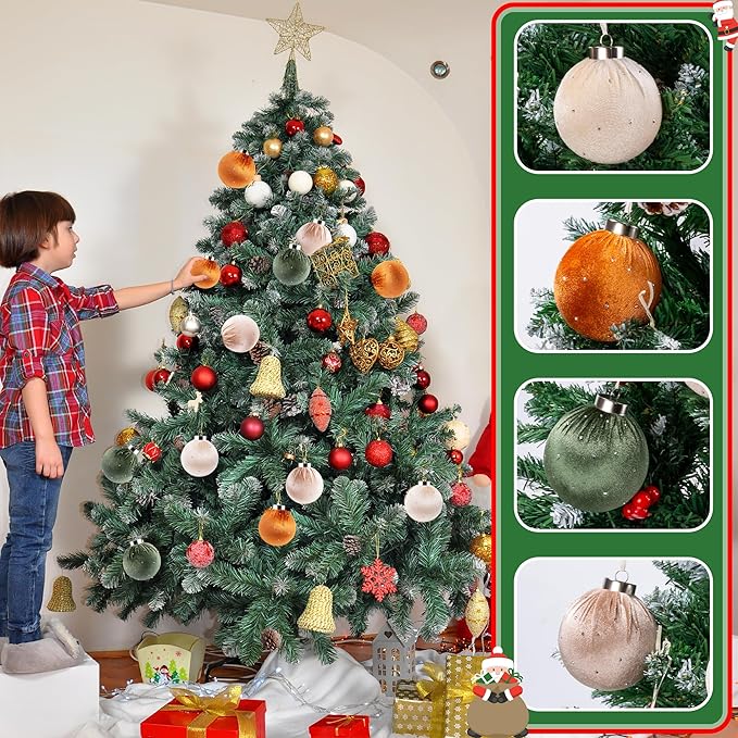 Christmas Tree Ornaments Set Velvet Balls, 12pcs Shatterproof Christmas Bulbs Ornaments for Xmas Tree Decorative Hanging, Vintage Flocked Decoration, 78mm, 3.1in, Multicolor Green Brown Neutral