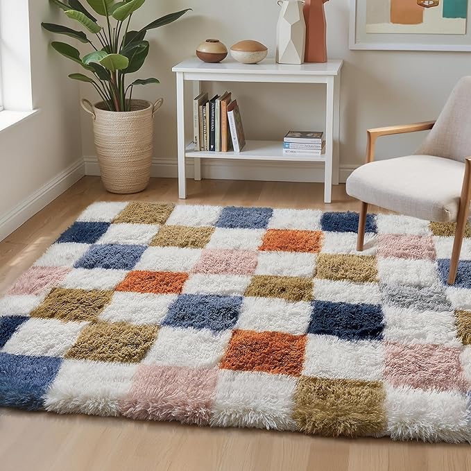 Checkered Rug 3x5 for Living Room, Modern Rainbow Shag Rug Super Soft Washable Indoor Fuzzy Carpet Non-Slip Fluffy Rugs for Bedroom Home Aesthetic Decor