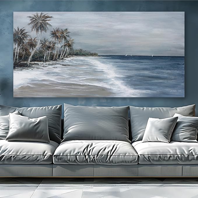 Coastal Wall Art Blue Gray Beach Wall Decor Landscape Abstract Canvas Painting Modern Ocean Artwork Framed for Living Room Bedroom Bathroom Office Decor 20"x40"Can Be Hung Directly