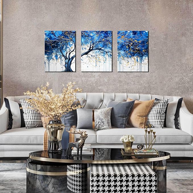 CIRABKY Blue Tree Pictures Wall Decor for Living Room - Blue and White Wall Art for Bedroom - Modern Wall Decor for Office Size 12" x 16" x 3 Pieces