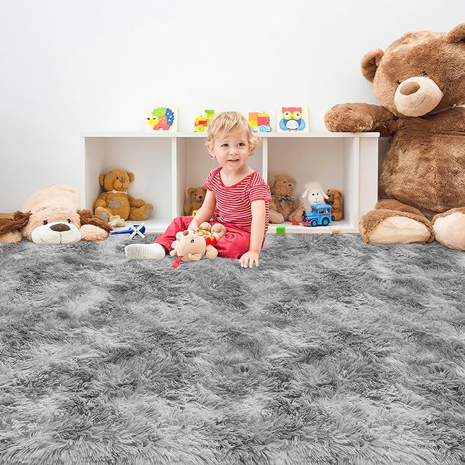 Tie Dye Grey Soft Shaggy Fluffy Rug for Living Room 6x9ft Anti-Skid Durable Area Rug Mat Bedside Throw Rug for Bedroom Kids Room Boys Teens Nursery Dorm Office Home Decor Carpets