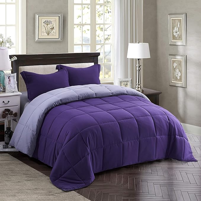 HIG 3pc Down Alternative Comforter Set - All Season Reversible Comforter with Sham - Quilted Duvet Insert with Corner Tabs - Box Stitched - Super Soft, Fluffy (Twin/Twin XL, Purple)