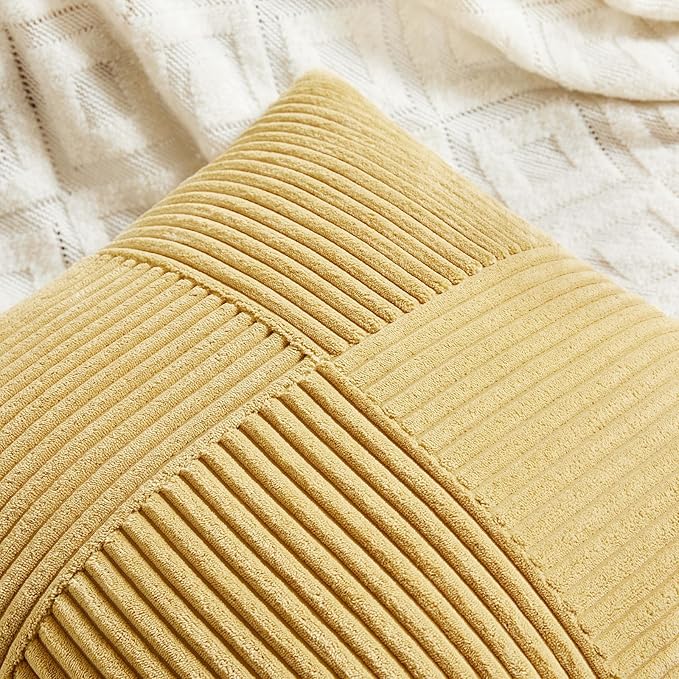 Fancy Homi 4 Packs Mustard Yellow Decorative Throw Pillow Covers 18x18 Inch for Living Room Couch Bed, Farmhouse Boho Home Decor, Soft Cross Corduroy Patchwork Textured Accent Cushion Case 45x45 cm