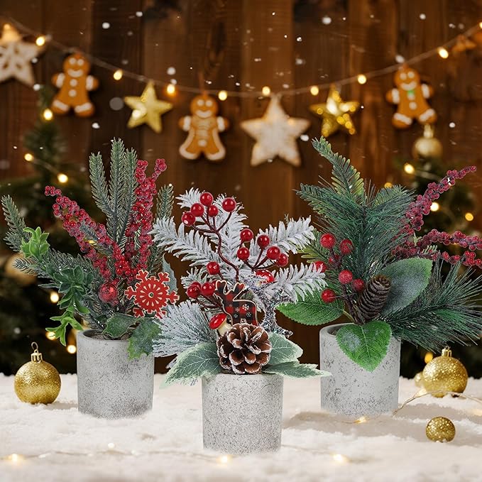 winemana 3 Pack Mini Christmas Trees for Table Centerpieces, 11 Inch Small Artificial Xmas Tree with Red Berries & Pine Cones for Home, Office Desk, Tabletop, Indoor Holiday Decorations