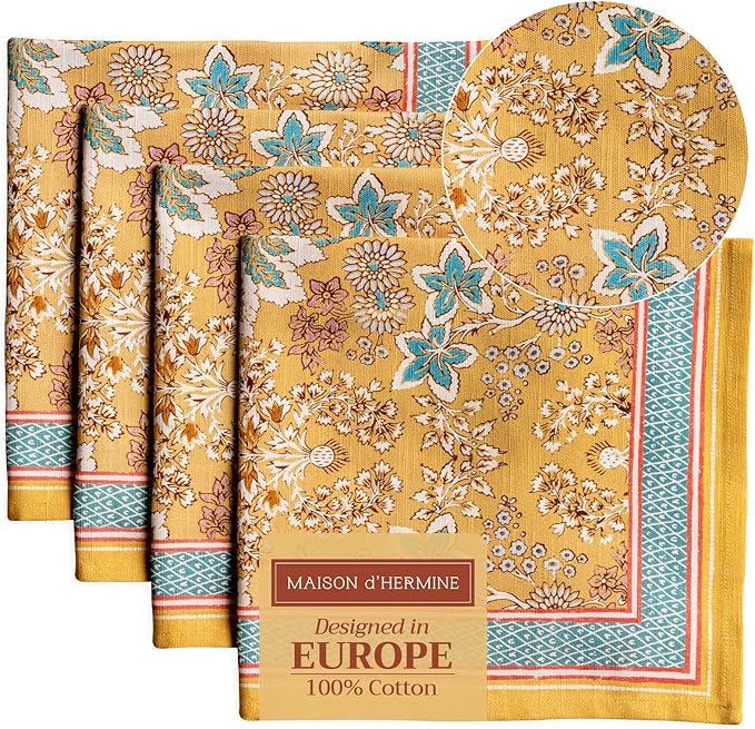 Maison d' Hermine Cloth Napkins Set of 4 100% Cotton Everyday Reusable Square Napkins Cloth Washable, Dinner, Party, Wedding, Restaurant, Spring/Summer (Marquise, 20" x 20")
