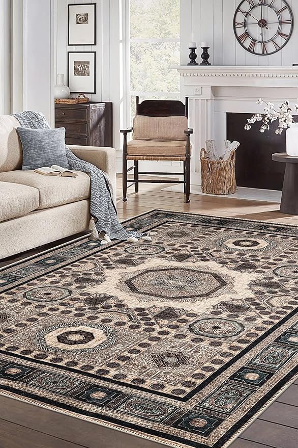 Keen Home Design 9x12 Rug - Machine Washable Area Rug with Non-Slip Backing, Ideal for Living Room, Dining Room, Bedroom - Vintage, Easy Clean, Durable, Low Pile Rug - (9' x 12')