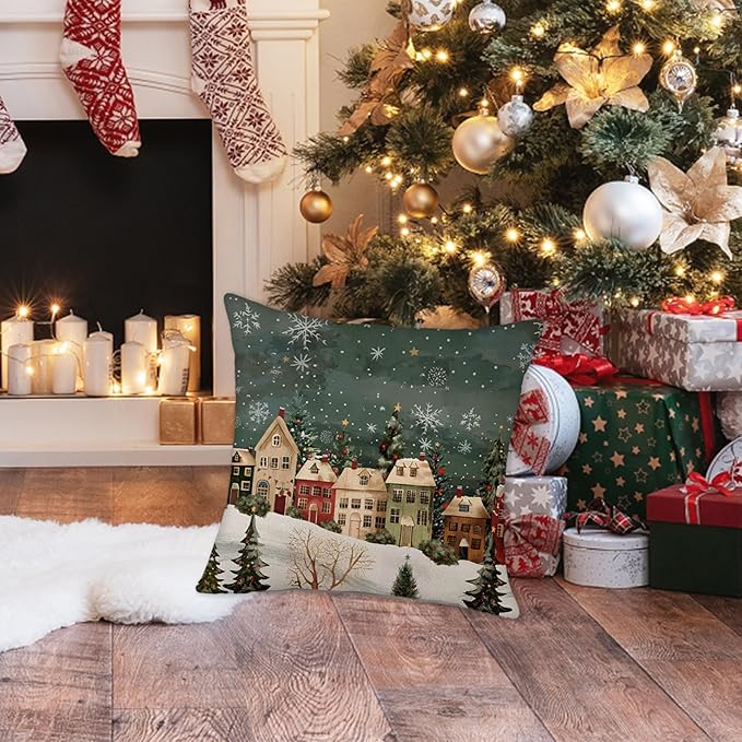 Winter Decorative Rectangle Pillow Cover 20 x 20, Wonderland Forest House Snowflake Vintage Porch Outdoor Pillowcase, Christmas Holiday Seasonal Farmhouse Cushion Case Home Decor