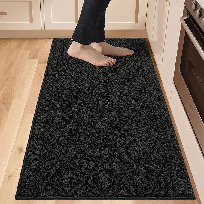 COSY HOMEER-Kitchen-Rugs-Non-Slip-Washable 24"x60" Absorbent Kitchen Runner Rugs Polypropylene Kitchen Mats for Floor,Sink Mat,Hallway,Laundry,Black