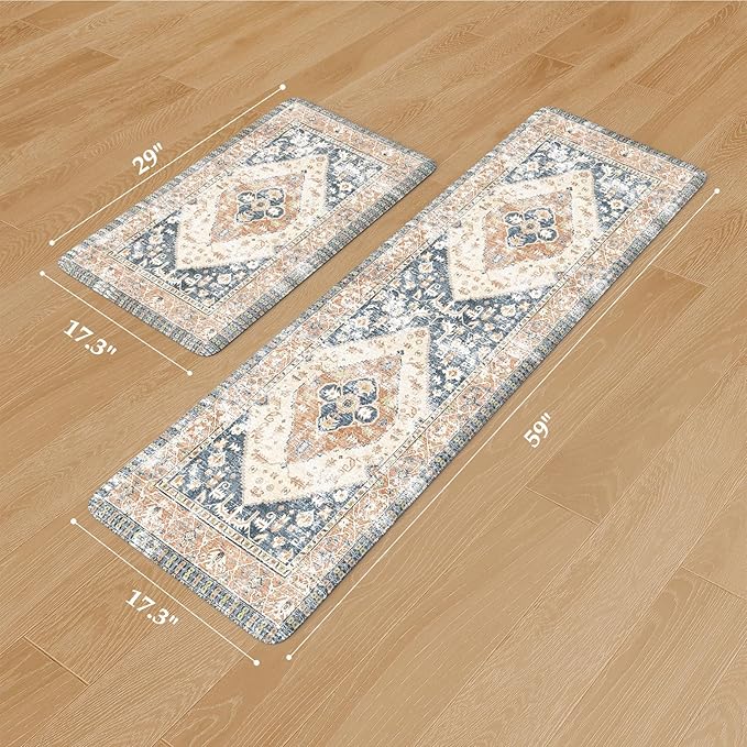 KIMODE Anti Fatigue Kitchen Mat 2PCS,Non-Skid Waterproof Kitchen Rugs,Farmhouse Kitchen Mat for Floor,Cushioned Comfort Foam Standing Mat for Floor,Office,Sink,Desk,Laundry,Mutil-Blue