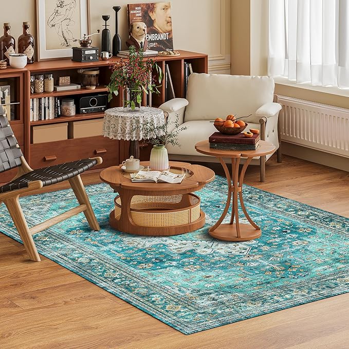 Washable Area Rug 4' x 6' Vintage Traditional Persian Mat - Foldable Distressed Non-Slip Machine Washable Carpet for Living Room Bedroom Kitchen Home Decor - Teal and Gold