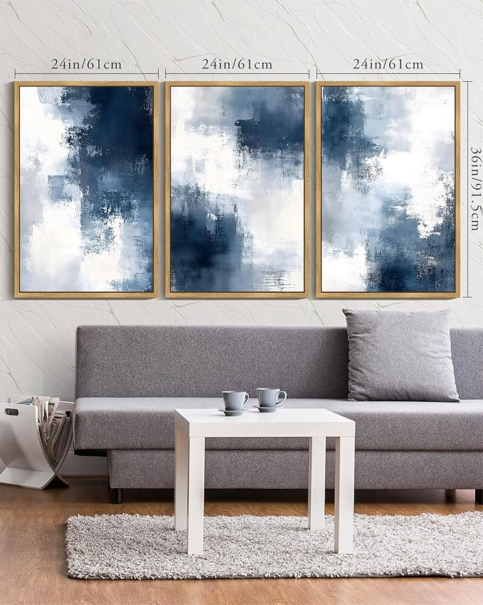 KUVIOKE Navy Blue Abstract Wall Art Framed Neutral Brush Strokes Block Shape Mid Century Art Prints Minimalist Modern Illustrations Bedroom Hallway 24x36in (Natural Framed)