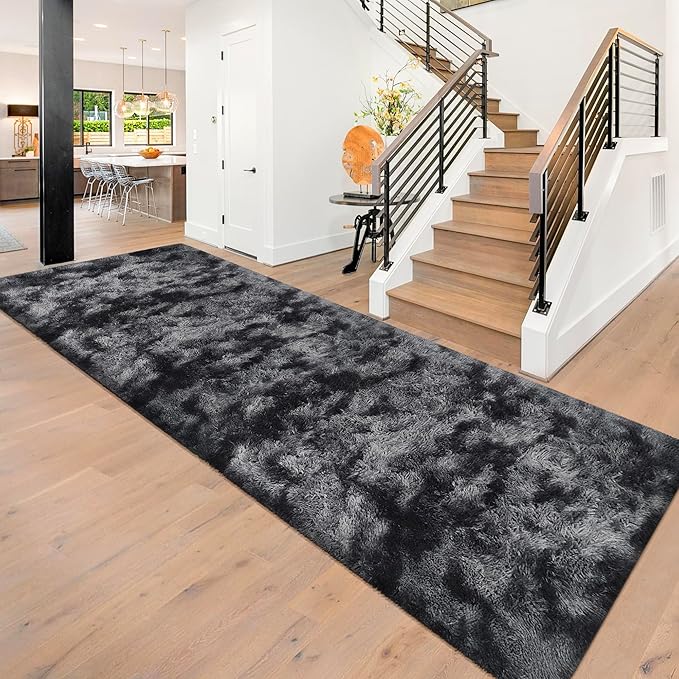 Tie-Dyed Runner Rug for Bedroom Black Grey 3x10ft Fluffy Area Rug Bedside Runner Rug for Kids Room Boys Teens Nursery Baby Living Room Dorm Home Decor Carpets
