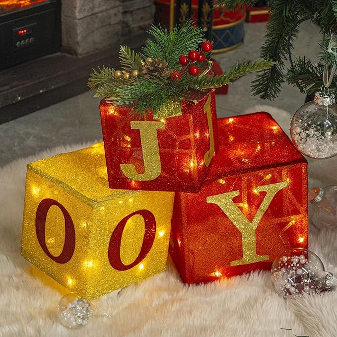 Hourleey Set of 3 Christmas Lighted Gift Boxes, Pre-lit 60 LED Light Up Joy Present Boxes Ornament Decorations for Indoor Outdoor Xmas Tree Home Yard Lawn Decor