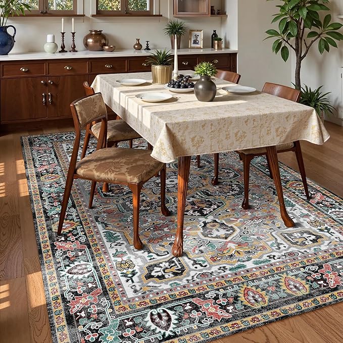 Washable Area Rug 9' x 12' Vintage Traditional Persian Mat - Foldable Distressed Non-Slip Machine Washable Carpet for Living Room Bedroom Kitchen Home Decor - Slate and Multicolor