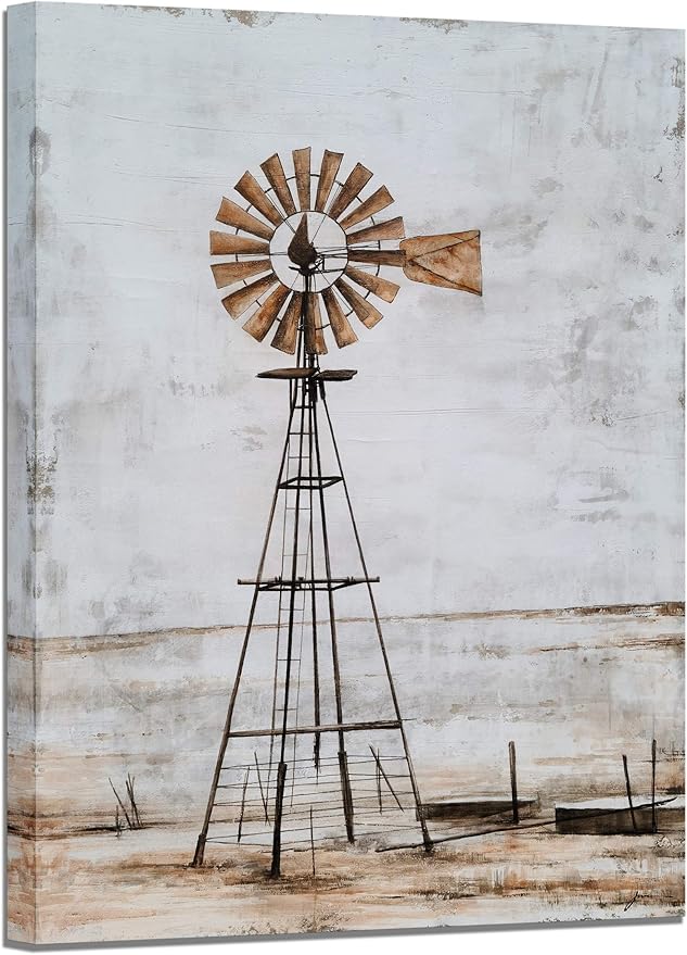 Yihui Arts Windmill Wall Decor Modern Rustic Canvas Wall Art Paintings with Textured Contemporary Abstract Artwork Pictures for Living Room Bedroom Farmhouse Home Decor