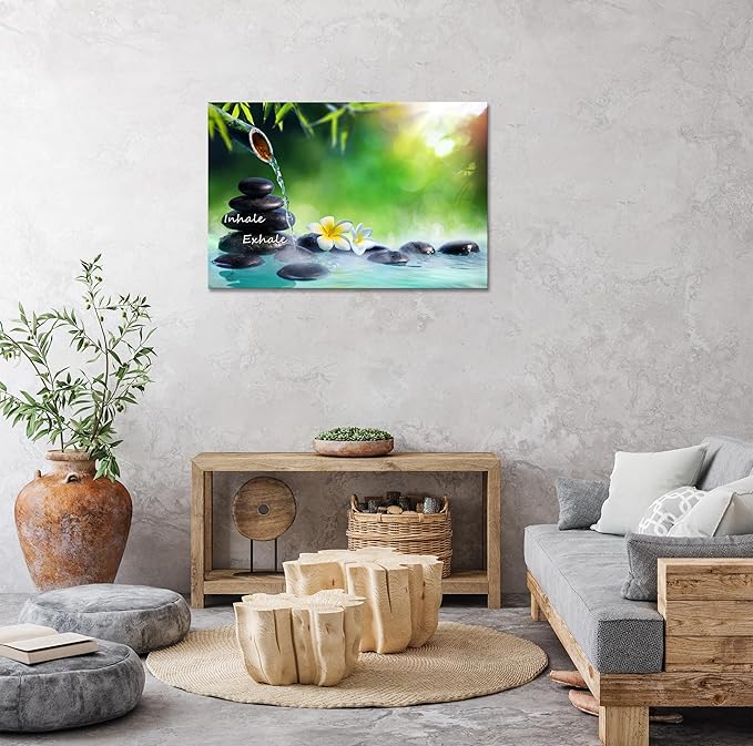 YIOZHAOFH Spa Canvas Print Art Nature Zen Painting Relaxing Bathroom Wall Art Decor White Lotus Pictures Framed Artwork Inhale Exhale Poster Office Decor for Spa Room Bedroom (12L x 16W)
