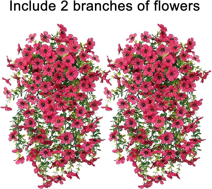 Artificial Flowers for Outdoors Fake Hanging Decoration, 2Pcs Hotpink Spring Decor, Realistic Plants, UV & Fading Resistant Silk Flower for Porch Patio Balcony Planter Yard