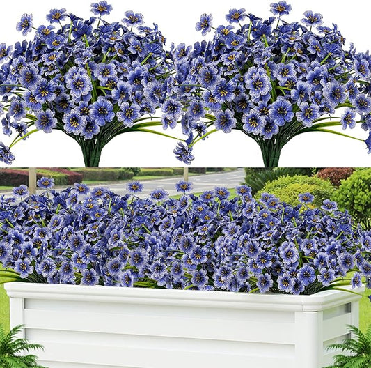 Lnoicy 24 Pcs Artificial Flowers for Outdoor,Plastic Flowers Decoration, UV Resistant Faux Flowers Shrubs, Artificial Plants for Indoor Outside Garden Home Wedding Farmhouse(Blue)