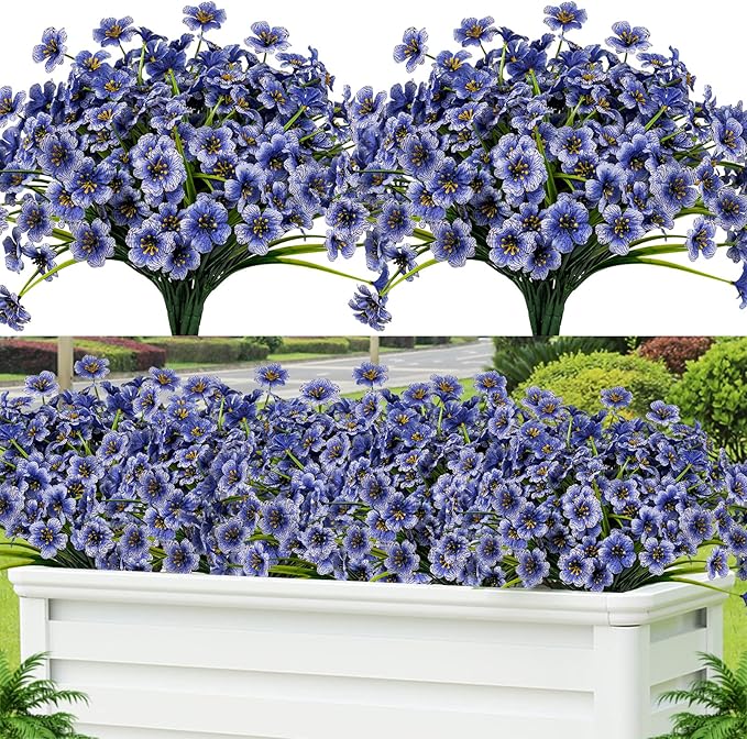 Lnoicy 12 Pcs Artificial Flowers for Outdoor,Plastic Flowers Decoration, UV Resistant Faux Flowers Shrubs, Artificial Plants for Indoor Outside Garden Home Wedding Farmhouse(Blue)
