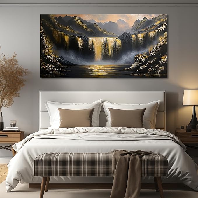Waterfall Hand Painted Oil Painting On Canvas For Living Room - Black White and Gold Wall Decor For Bedroom - Huge Canvas Wall Art For Office Size 36 x 72 Inch