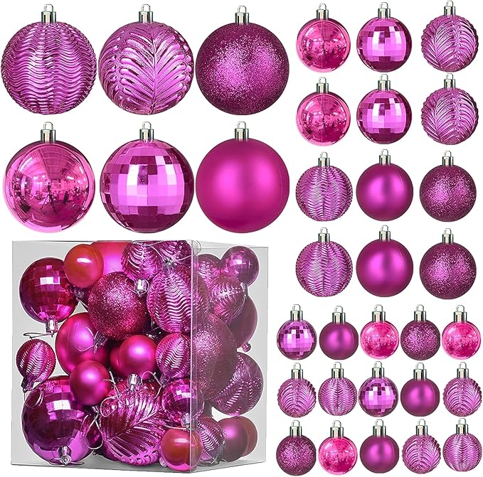 PREXTEX Pink Christmas Ornaments - 36-Piece Shatterproof Pink Christmas Tree Balls Set with Hanging Loops for Xmas Decorations - Durable Fuschia Holiday Balls in Matte, Shiny, Glitter and Disco