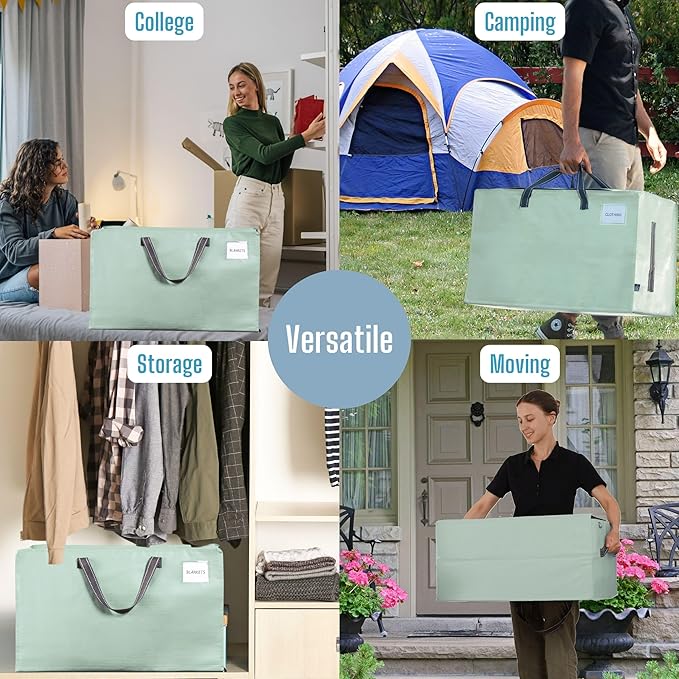 VENO 6 Pack Moving and Storage Bags, Heavy Duty, Alternative to Moving Boxes, Large Packing Totes Supplies for College Dorm Room with Zipper for Clothes, Wide Open Design (Shiny Light Green, 6 Pack)