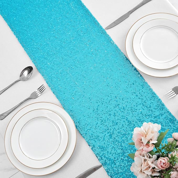 2 Packs 12 x 108 inches Turquoise Sequin Table Runner, Glitter Turquoise Blue Table Runner for Wedding Birthday Bachelorette Holiday Party Supplies Decorations Bridal Shower Baby Shower