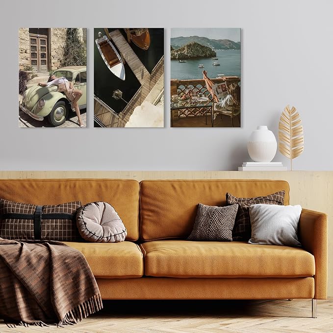 UCRAASDEB Fashionable Women Wall Décor, Mediterranean Coast Landscape Wall Art Set - Framed Vintage Travel Coastal Canvas Prints for Living Room Bedroom or Office 24L x 16W Ready to Hang Home Décor