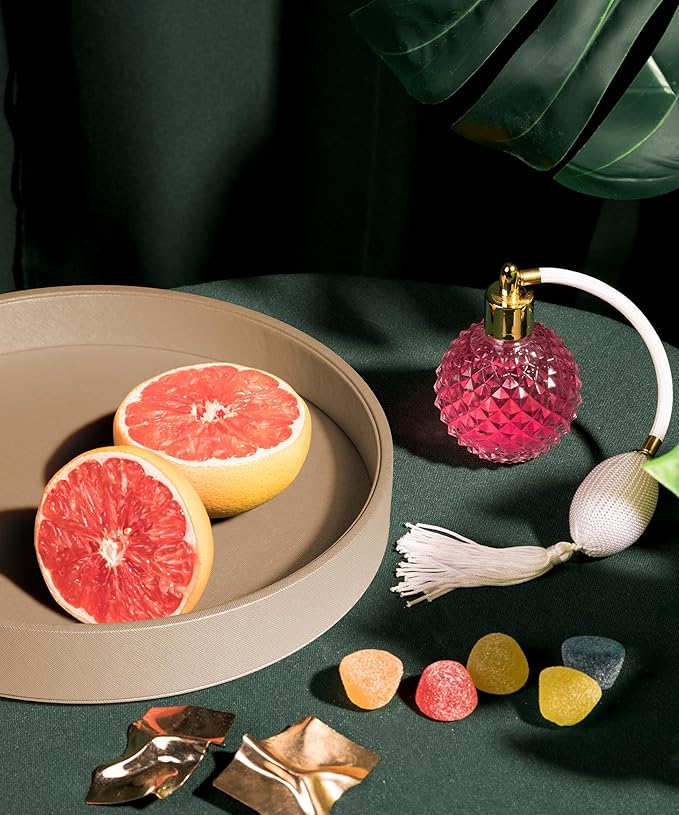 12.6 Inch Round Serving Tray, Home Decorative LeatherOttoman Wooden Decor Platter Bathroom Vanity Tray for All Occasions Anti Slip Khaki